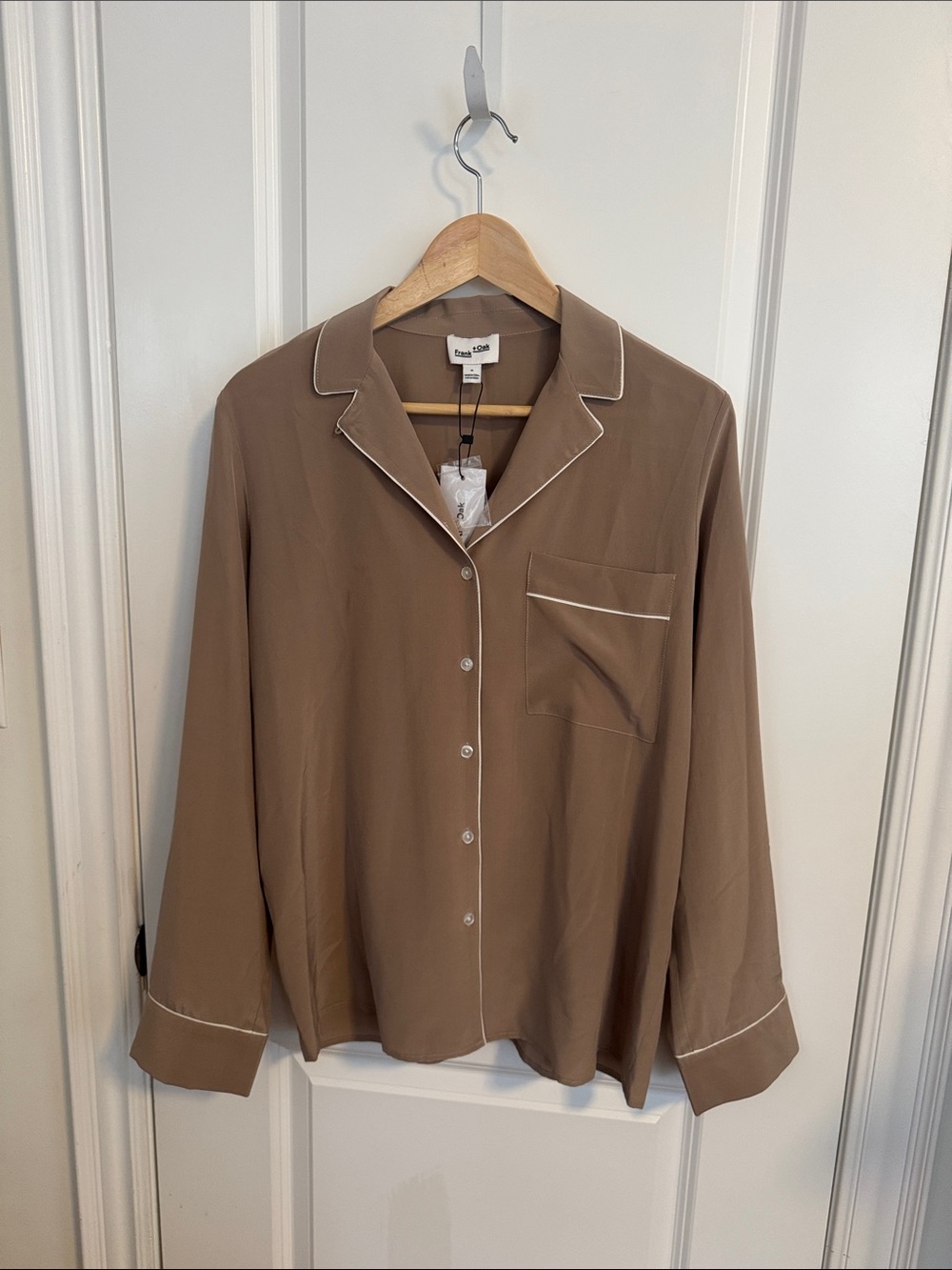 Frank+Oak Brown Button-Up Top with Contrast Piping